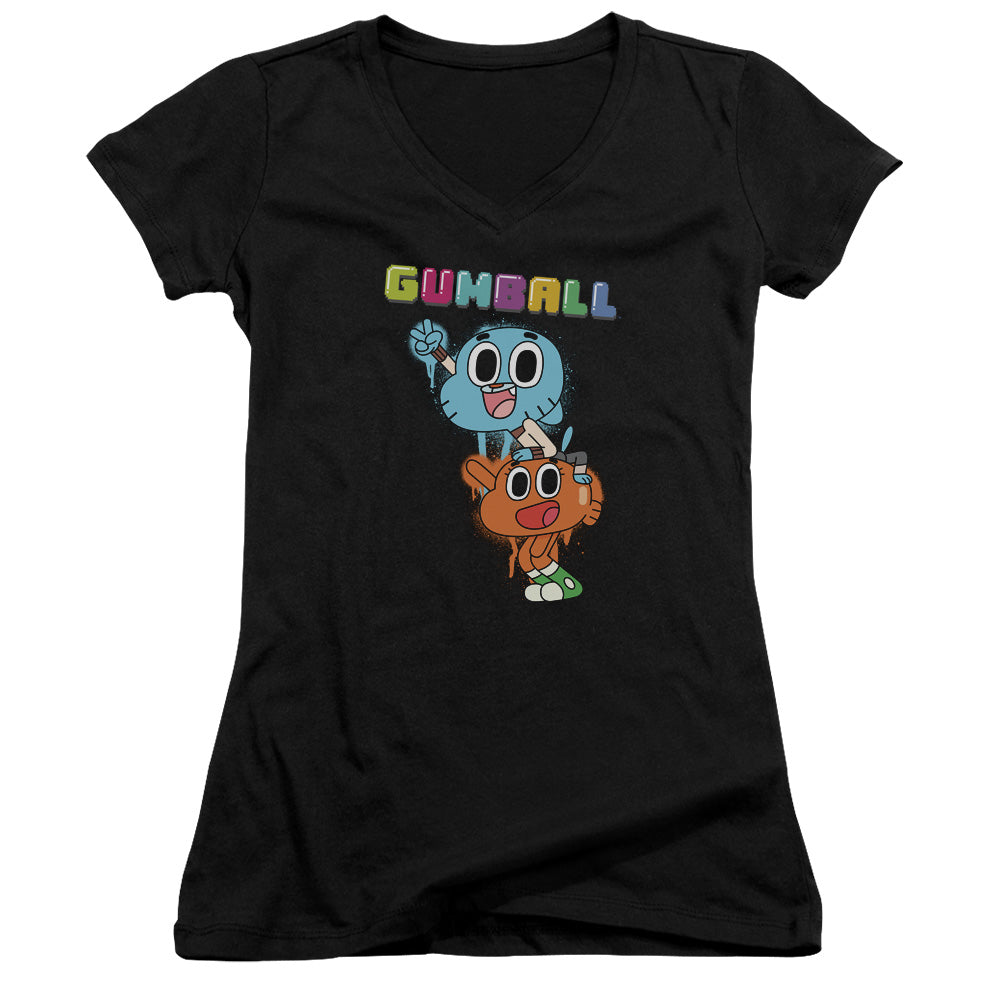 Amazing World Gumball Gumball Spray Junior Sheer Cap Sleeve V Neck Black T-Shirts, Hoodie, Sweatshirt