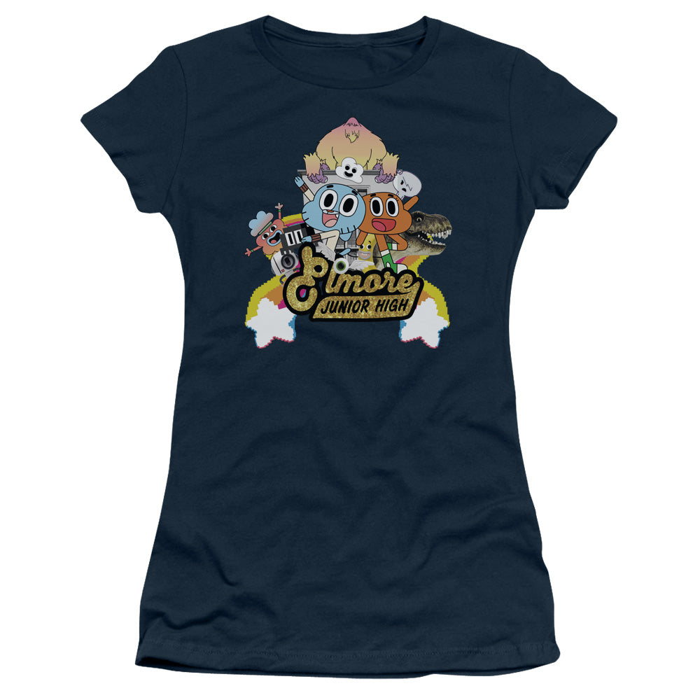 Amazing World of Gumball Elmore Junior High Junior Sheer Cap Sleeve Womens T Shirt Navy Blue Hoodie, Sweatshirt