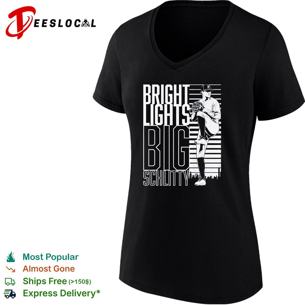 Cam Schlittler leg kick pose New York Yankees Bright Lights Big Schlitty shirt