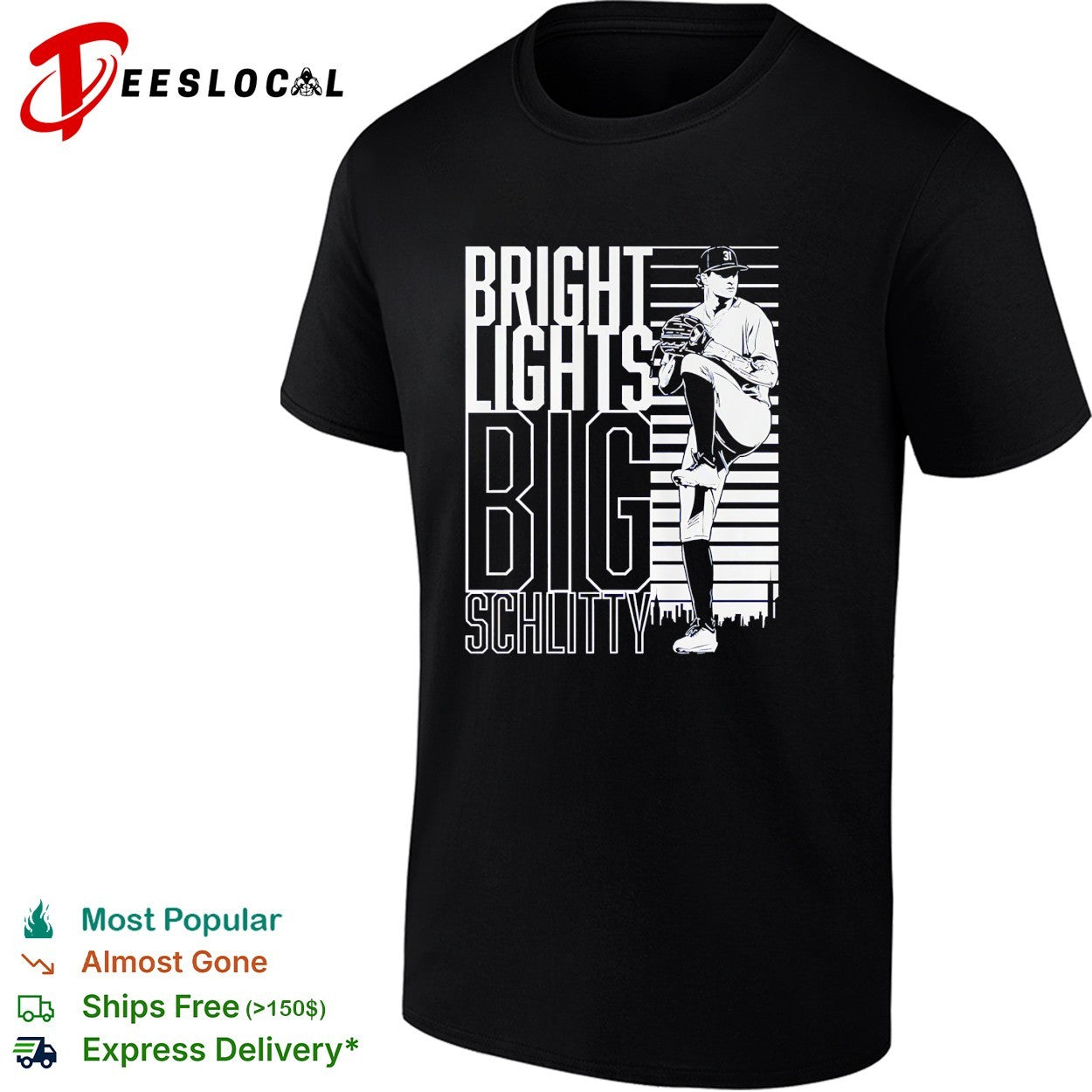Cam Schlittler leg kick pose New York Yankees Bright Lights Big Schlitty shirt