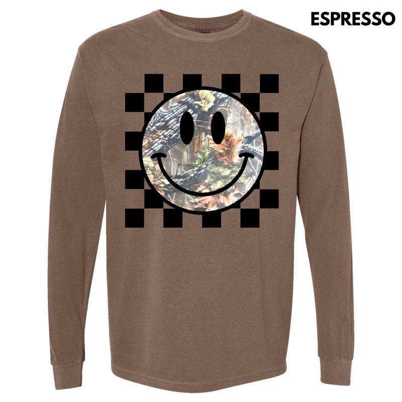 Camo Checker Happy Face Long Sleeve Comfort Colors T-Shirt 'NLB' Hoodie, Sweatshirt | CiraTrend.com
