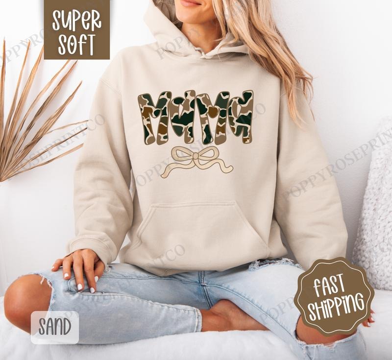 Camo Mama Hoodie, Women's Crewneck, Cute Camo Women's Hooded Sweater T-Shirts, Sweatshirt | CiraTrend.com