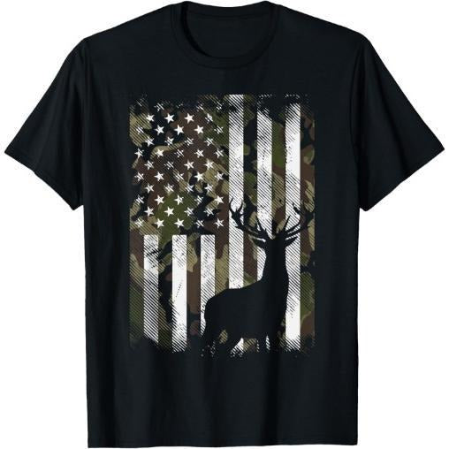 Camo US Flag Deer Elk Buck Camoflage Hunting Hunter Dad Gift Short Sleeve T-Shirt Made in USA Hoodie, Sweatshirt