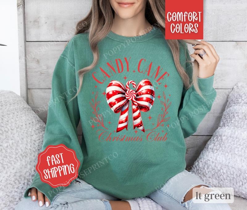 Candy Cane Christmas Club Comfort Colors Sweatshirt,  Coquette Christmas Sweater Womenswear,  Holiday Crewneck