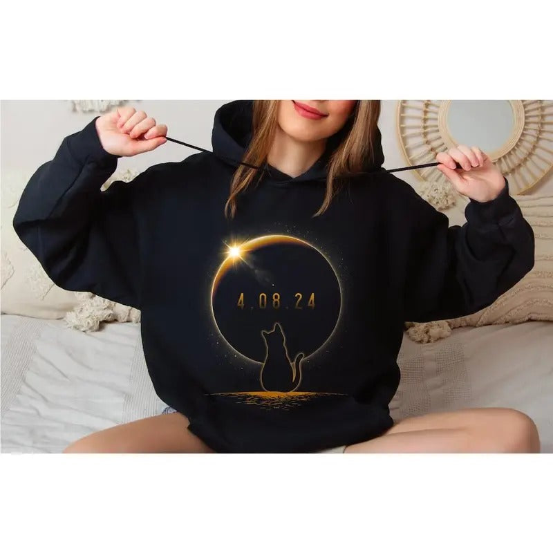 Cat Eclipse Watching Sweatshirt, Total Solar Eclipse 2024 Hoodie, April 8 2024 T-Shirts | CiraTrend.com