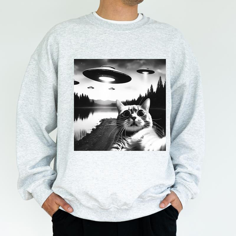 Cat Selfie With Alien UFO Sweatshirt for Men and Women, Funny Gift Idea for Cat Lovers, Humorous Cat Meme Crewneck, Soft...