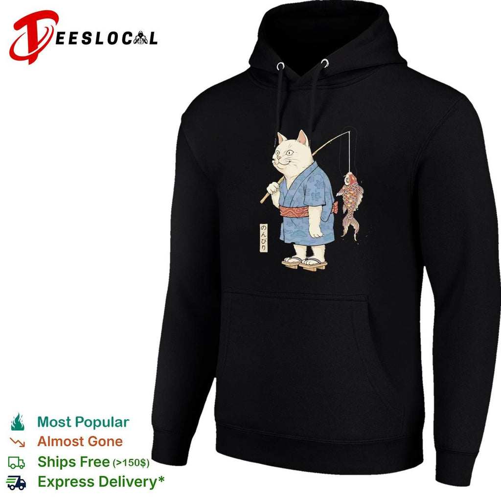 Cat fishing koi fish wearing kimono shirt