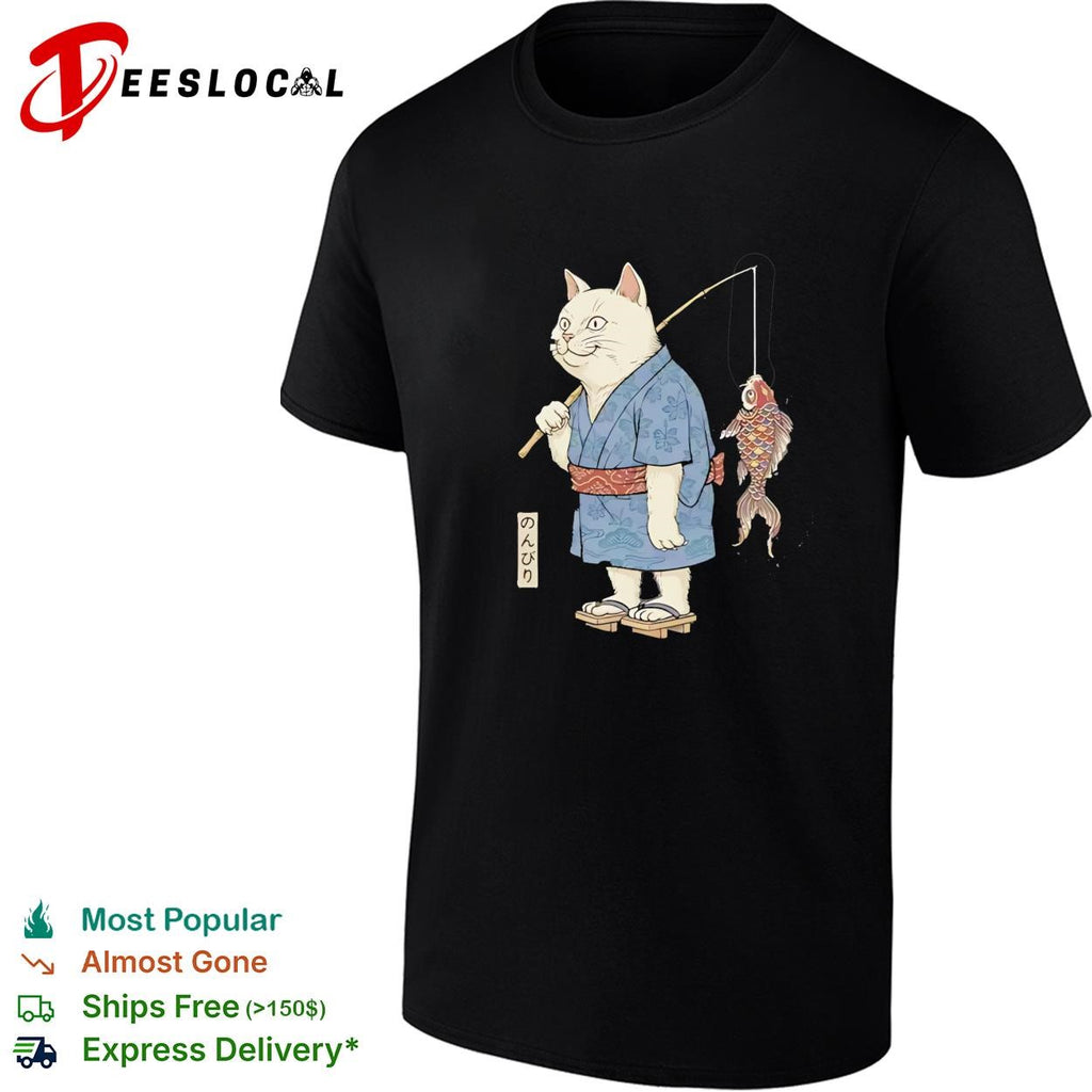 Cat fishing koi fish wearing kimono shirt