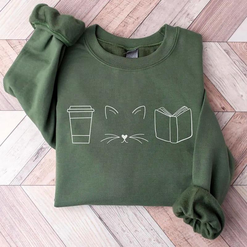 Cats Coffee Books Sweatshirt, Book Lover Shirt, Cat Book Hoodie, Coffee Lover Sweatshirt, Cat Book Coffee Shirt, Reader...