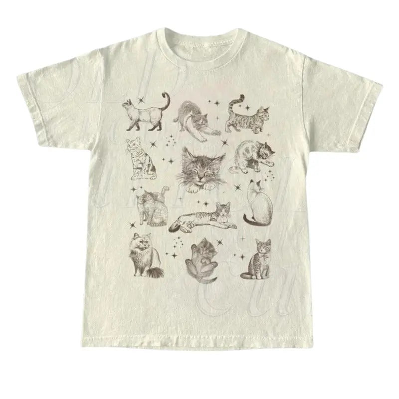 Cats Retro 90s Tattoo Tshirt, Vintage Kitten Nature Shirt, Cat Lovers Gift, Cats In Space Unisex Relaxed Adult Graphic Tee, Funny Gifts, Tee Menswear Top Underwear Streetwear