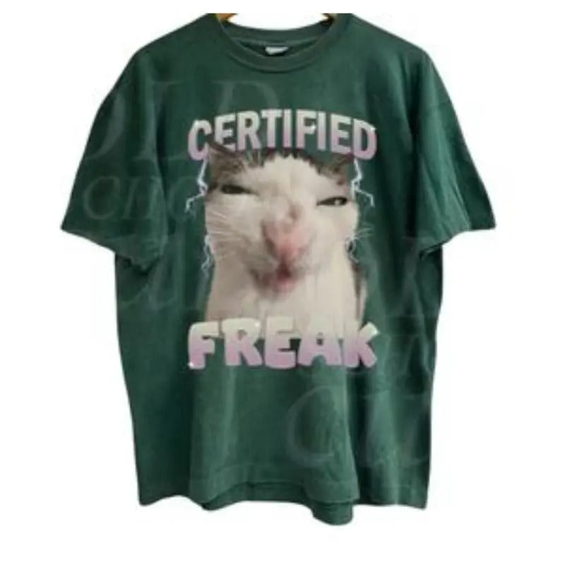 Certified Freak Cat Meme Graphic T-Shirt, Vintage Funny Cat Expression Graphic Tee, Cute Kitty Meme Unisex Retro Top,Fun...