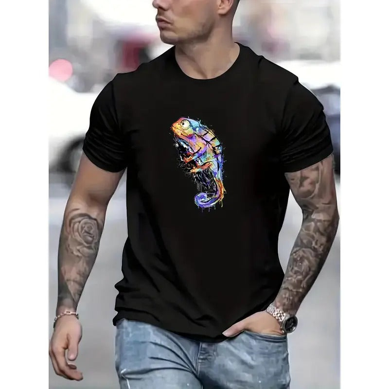 Chameleon Pattern Print Men's Comfy Chic T-shirt, Graphic Tee Men's Summer Outdoor Clothes, Men's Clothing, Tops For Men,...