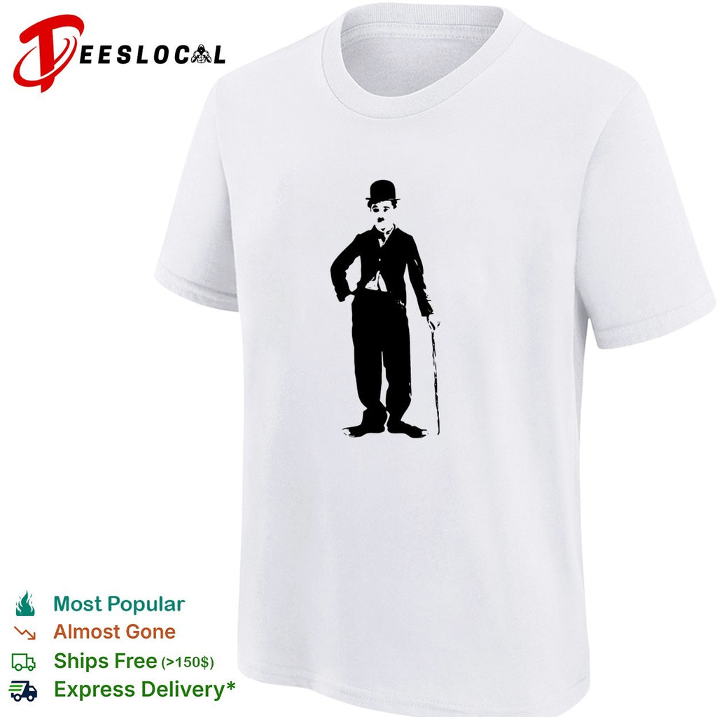 Charlie Chaplin standing with cane shirt