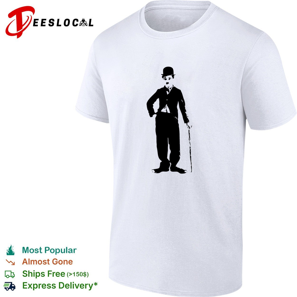 Charlie Chaplin standing with cane shirt