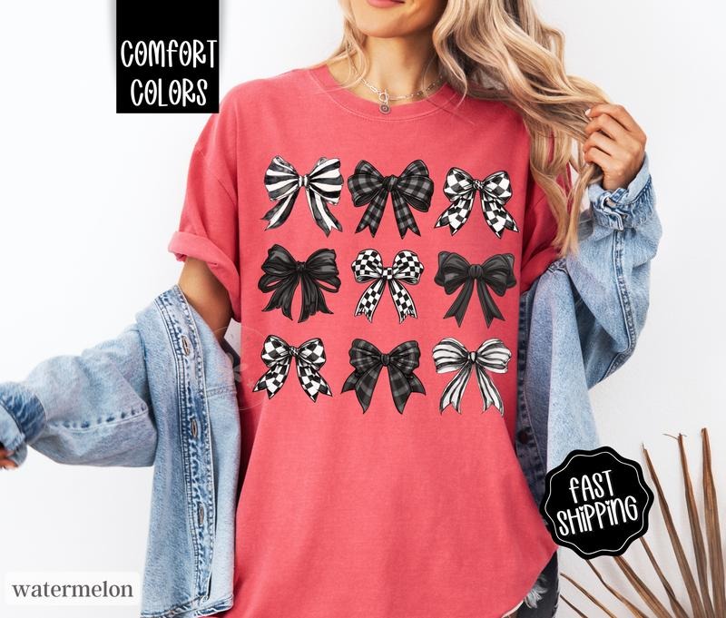 Checkered Bows Shirt Comfort Colors, Coquette Black Bow Tshirt, Cute Women's Tee Hoodie, Sweatshirt | CiraTrend.com