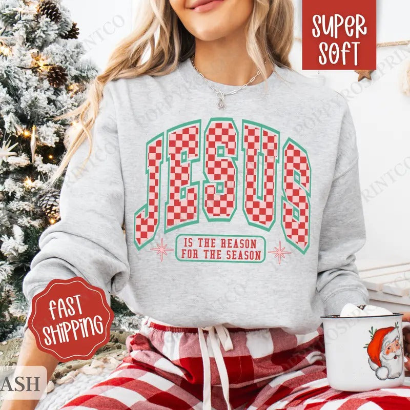 Checkered Jesus Sweatshirt, Christmas Sweater, Women's Holiday Crewneck