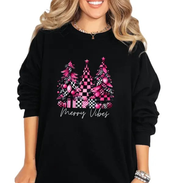 Checkered Pink & Black Christmas Tree Sweatshirt, Hoodie & T-Shirt | Edgy Alt Grunge Merry Vibes | Comfort Womenswear...