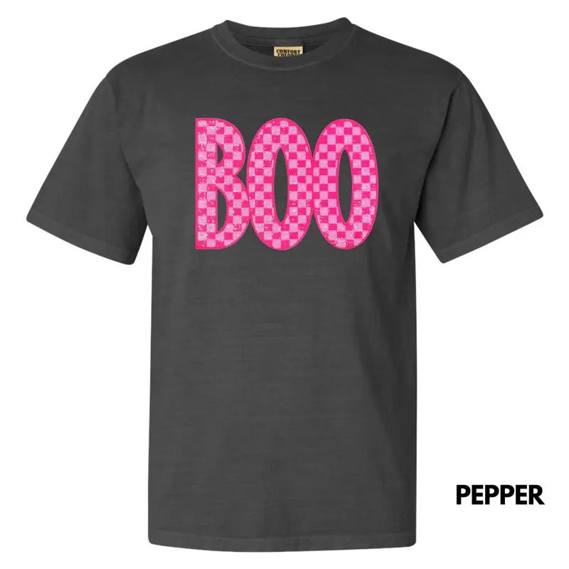 Checkered Pink Boo PATCH Comfort Colors T-Shirt Hoodie, Sweatshirt | CiraTrend.com