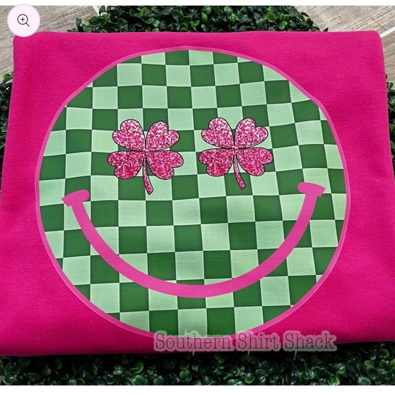 Checkered Smiley Shamrock Sweatshirt | Hot Pink Sweatshirt T-Shirts, Hoodie | CiraTrend.com
