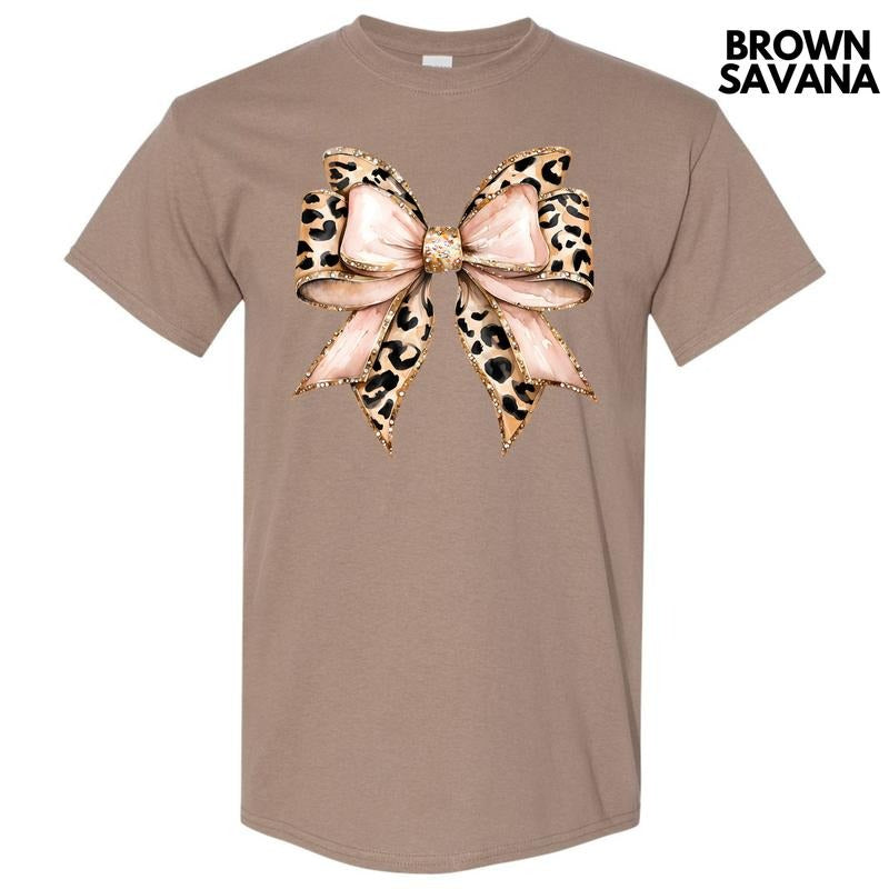 Cheetah Faux Glitter Bow Gildan Short Sleeve T-Shirt 'NLB' Hoodie, Sweatshirt | CiraTrend.com