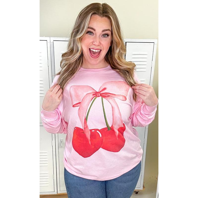 Cherry Bow Long Sleeve Graphic T-Shirt Hoodie, Sweatshirt | CiraTrend.com