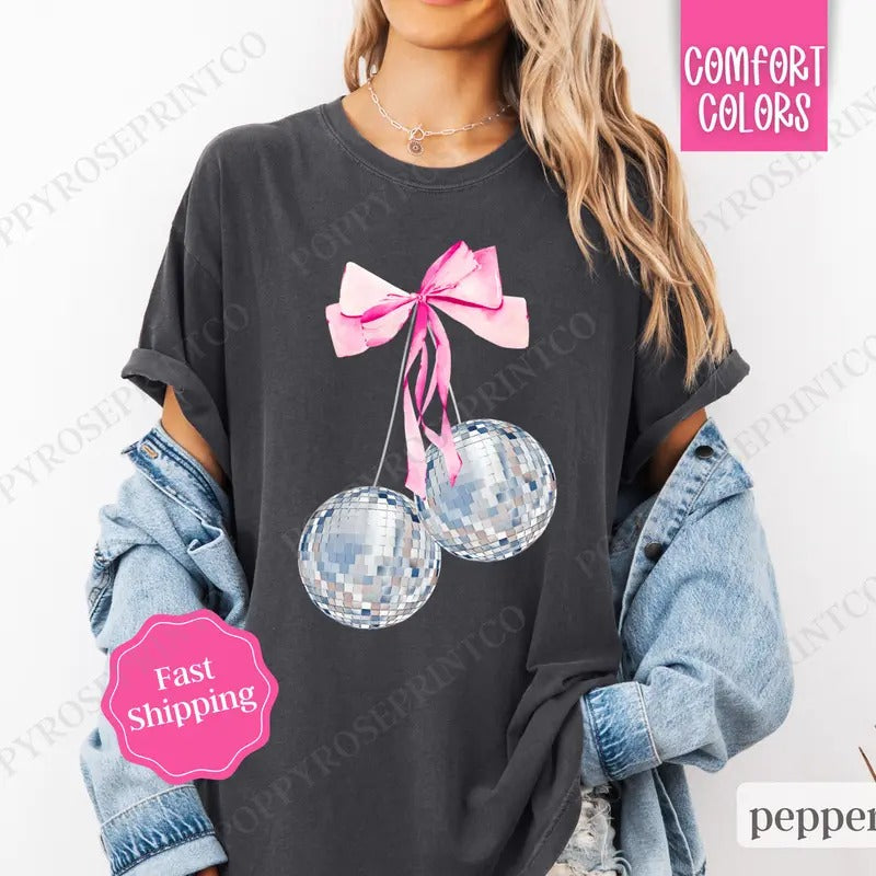 Cherry Disco Bow Shirt Comfort Colors, New Year's 2025  Women's Tee, NYE Women's Tshirt Hoodie, Sweatshirt | CiraTrend.com