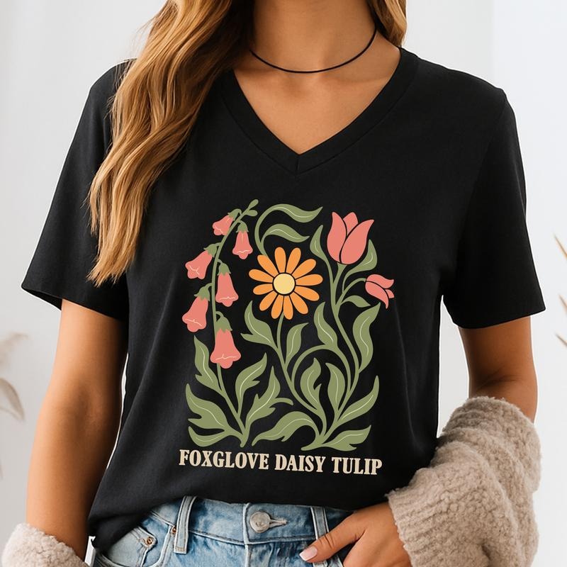 ChicCotton Subtle FDT Vintage V-Neck Shirt, Foxglove Daisy Tulip T-shirt, Sarcastic Boho Floral Graphic Tee, Liberal...