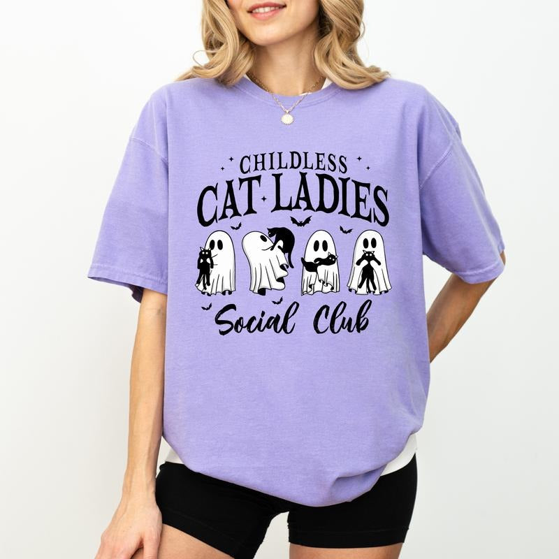 Childless Cat Ladies Social Club Comfort Colors Shirt, Halloween Cat Ladies Graphic Printed Tee, Cat Lover Halloween...