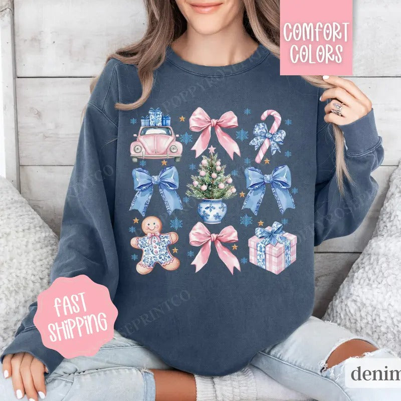 Chinoiserie Christmas Comfort Colors Sweatshirt,  Coquette Christmas Sweater Womenswear,  Holiday Crewneck T-Shirts, Hoodie