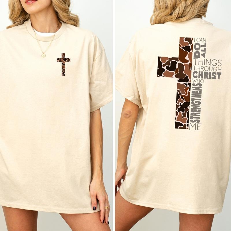 Christian Camo Cross T-Shirt, Philippians 4:13 Faith Tee, Religious Military-Inspired Apparel, Womenswear Ultra Soft...