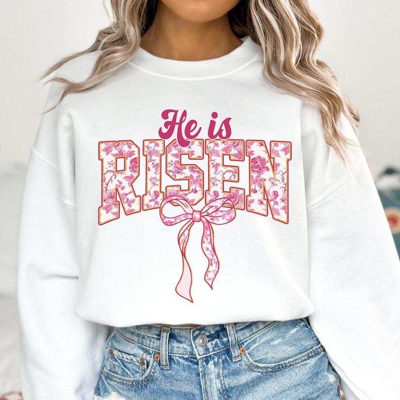 Christian Easter Coquette , He is Risen , Pink Floral Chinoiserie Easter , Easter Varsity , Pink Toile Easter Jesus Sweatshirt
