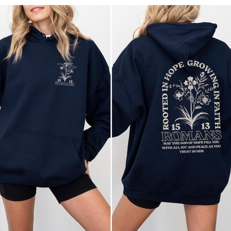 Christian Hoodie Sweatshirt - Navy with "ROOTED IN HOPE" & "ROMANS 13" Print, Hooded Design, Cotton Blend, Spiritual &...