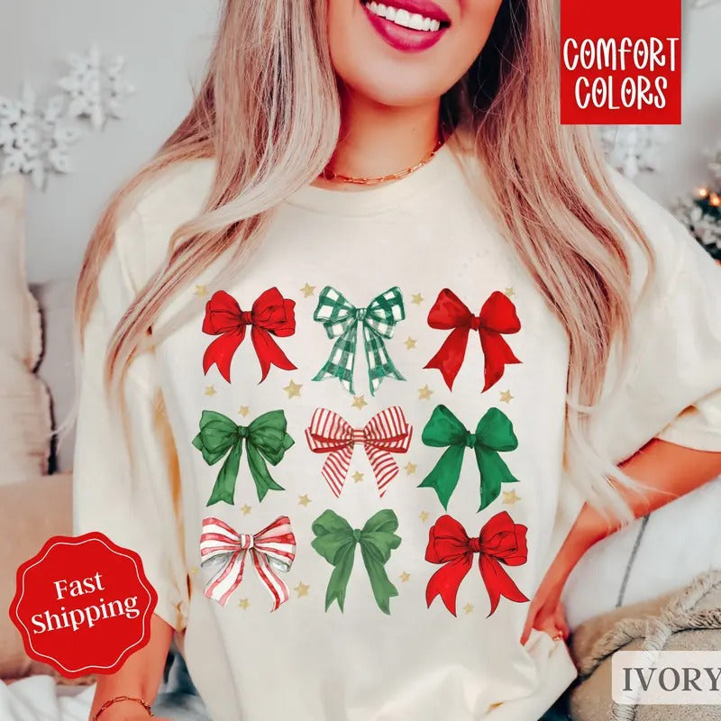 Christmas Bows Shirt Comfort Colors Holiday Tshirt, Women's Holiday Tee christmas shirt