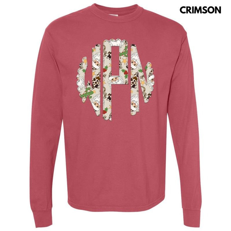Christmas Cow Print Monogram Long Sleeve Comfort Colors T-Shirt 'NLB' Hoodie, Sweatshirt | CiraTrend.com