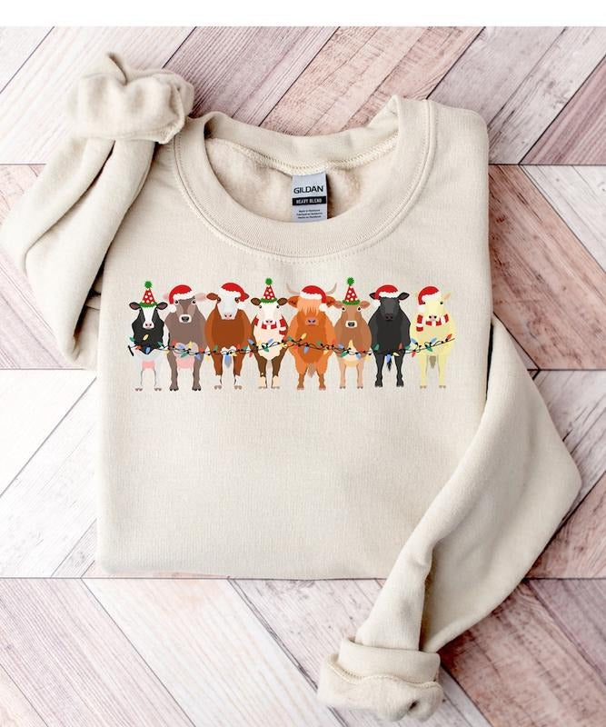 Christmas Cows Sweatshirt, Cute Cow Farm Animals Holiday Shirt, Trendy Santa Hat Animal Farmer Heiffer Bull Gift Holidays Crewneck, Hoodie and Sweater; T-shirt