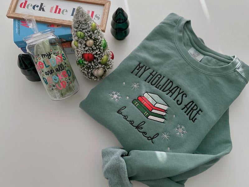 Christmas Embroidered Sweatshirt for Book Lovers, Comfort Colors Xmas Oversized Holiday Sweater - Fabric, Pullover...