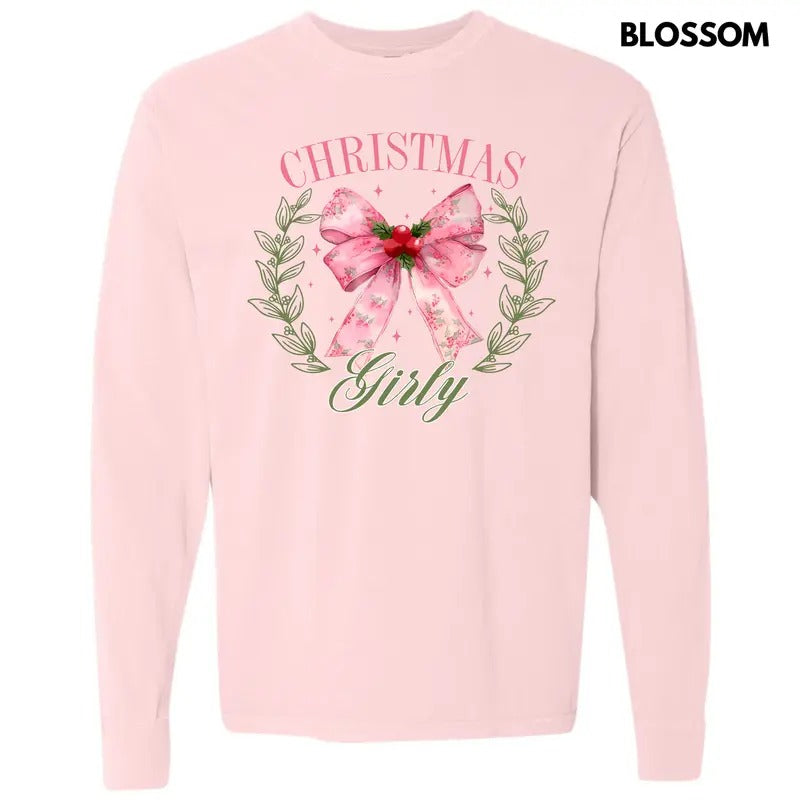 Christmas Girly Coquette Long Sleeve Comfort Colors T-Shirt 'NLB' Hoodie, Sweatshirt | CiraTrend.com