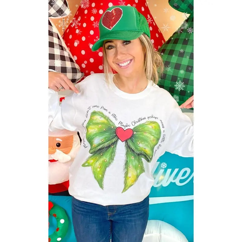 Christmas Green Bow Graphic Long Sleeve T-Shirt Hoodie, Sweatshirt | CiraTrend.com