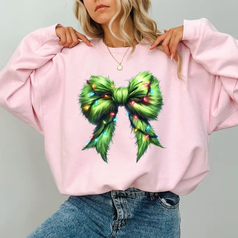 Christmas Light Green Coquette Bow Sweatshirt, Girly Christmas Coquette Bow Crewneck, Cute Green Fur Bow Sweater for...