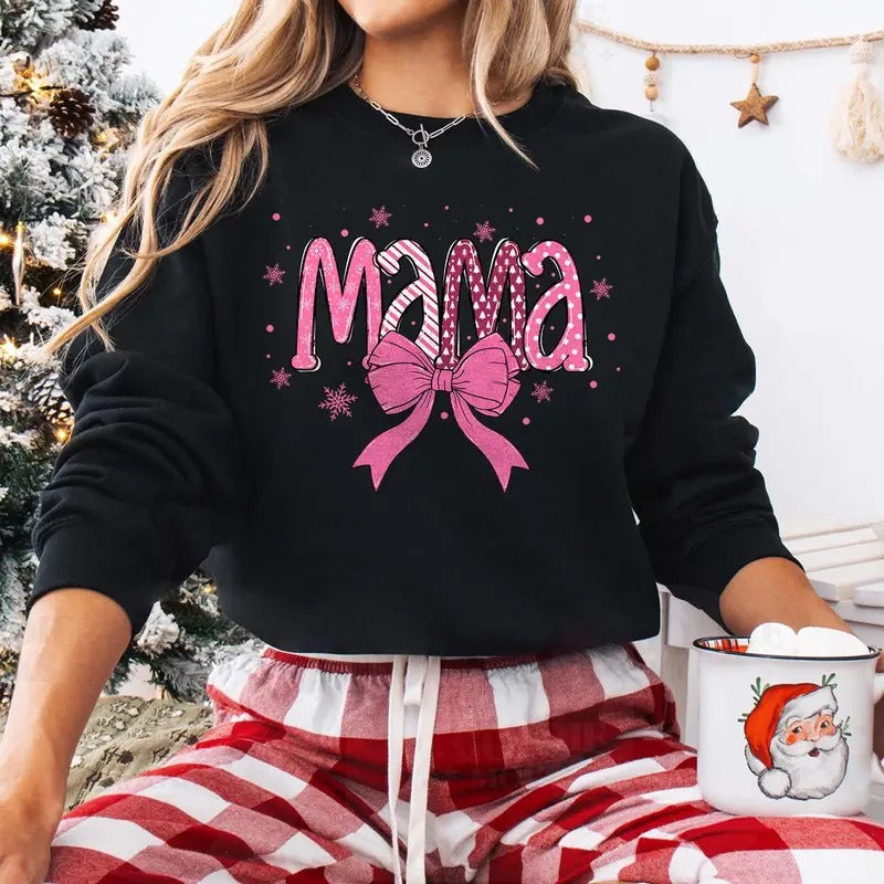 Christmas Mama Sweatshirt, Coquette Bow Christmas Mama Claus Shirt - Fabric, Pullover Hoodie | CiraTrend.com