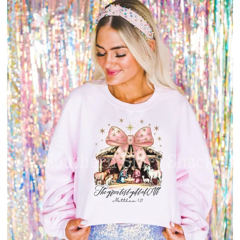 Christmas Nativity Sweatshirt | Pink Christmas Sweatshirt T-Shirts, Hoodie | CiraTrend.com