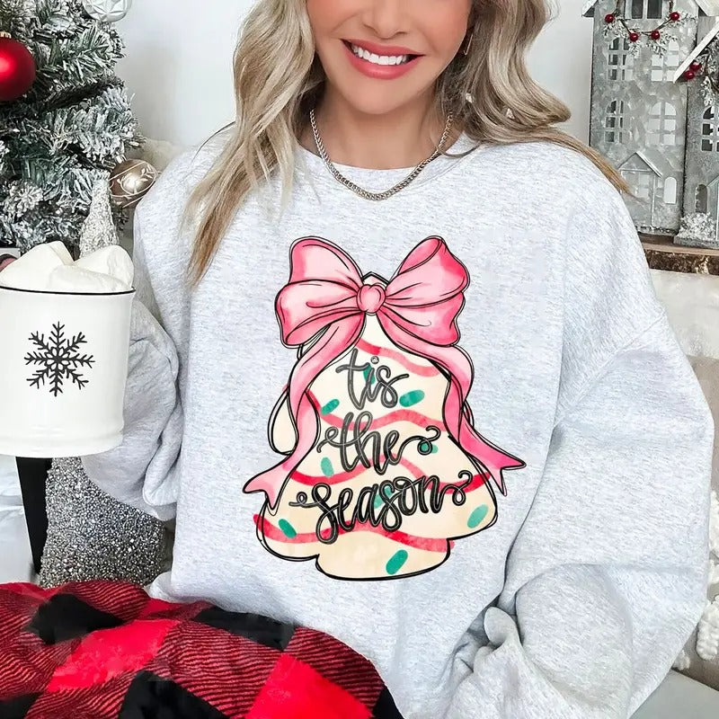 Christmas Tree Bow Sweatshirt, Coquette Christmas Tree Cakes Shirt, Christmas Tree Cake Sweatshirt, Christmas Coquette...