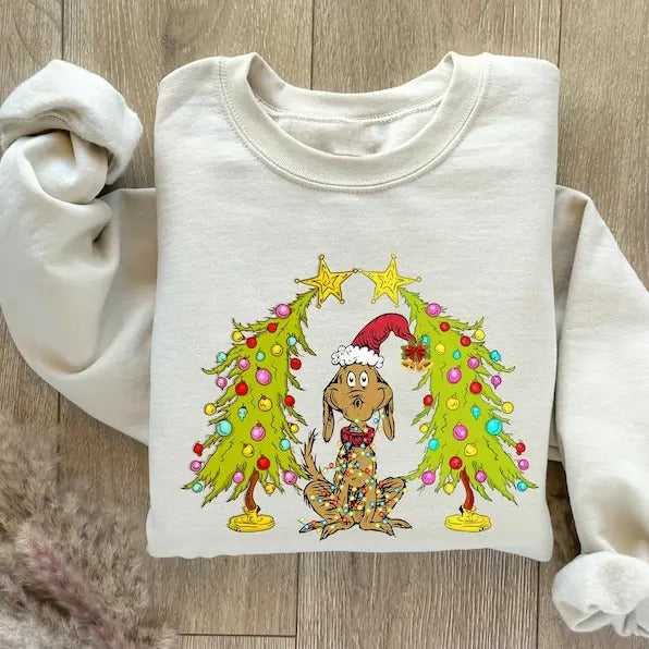 Christmas Tree Shirt, With Dog Max Whoooooville Tree Sweatshirt, Whiiiiimsical Green Star Tree, Trendy Dog Christmas Tree...