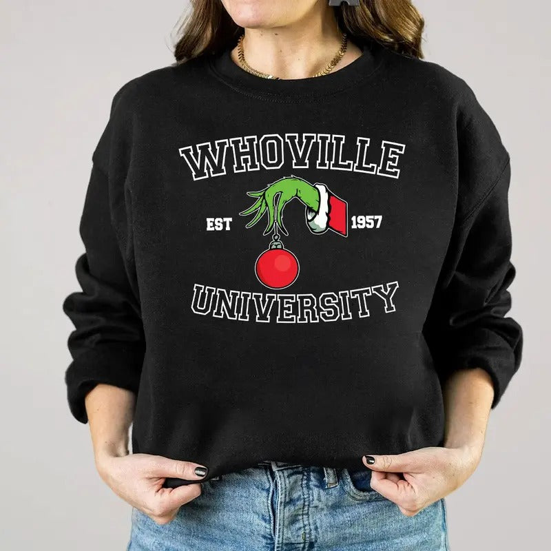 Christmas Whoville University Est1957 Unisex Sweatshirt, Loose Fit, Medium-Heavy Fabric, 50% Cotton 50% Polyester -...