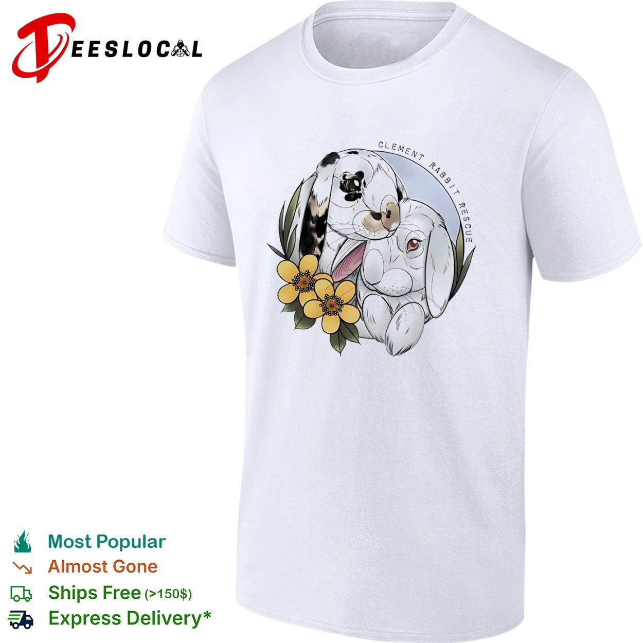 Clement Rabbit Rescue with Two Bunnies and Yellow Flowers shirt