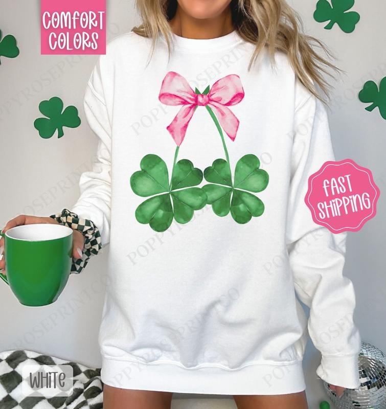 Clover Bow Comfort Colors Sweatshirt, St Patrick's Day Women's Crewneck, Cute Women's Sweater T-Shirts, Hoodie