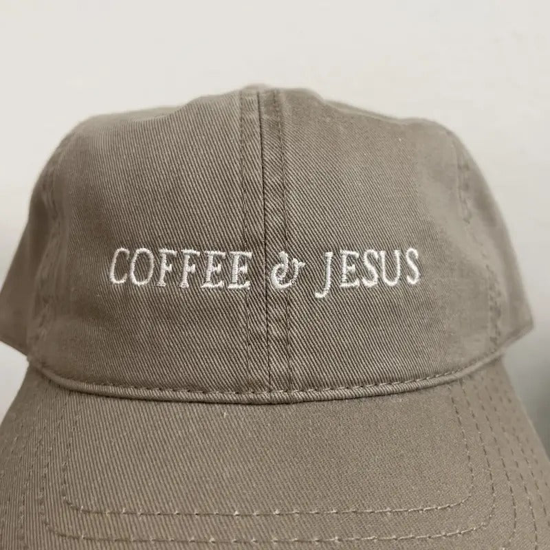 Coffee & Jesus Embroidered Dad Hat - Aesthetic Christian Baseball Cap, Minimalist Design, Religious Gift, Cute and Stylish