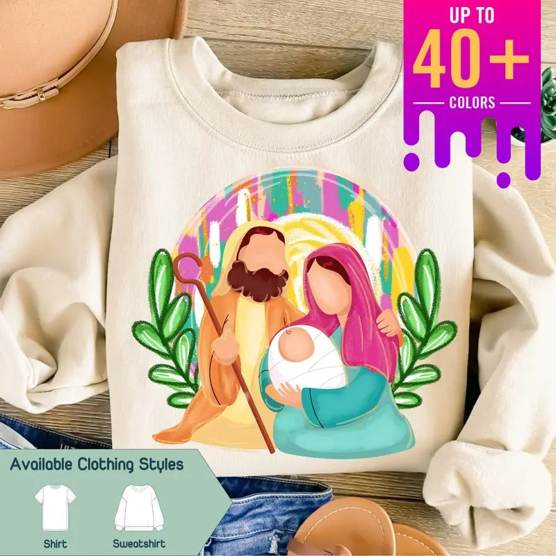 Colorful Glitter Christmas Nativity Sweatshirt, Oh Come Let Us Adore Him & Baby Jesus Tee, Brushstroke Christian Designs, Cute Tee, Gift for Family, Gift for Him & Her - Trending, Crew Neck, Top sweatshirt