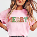 Colorful Merry Faux Sparkling christmas shirt Women's Oversized Christmas Shirt - Festive Printed Design