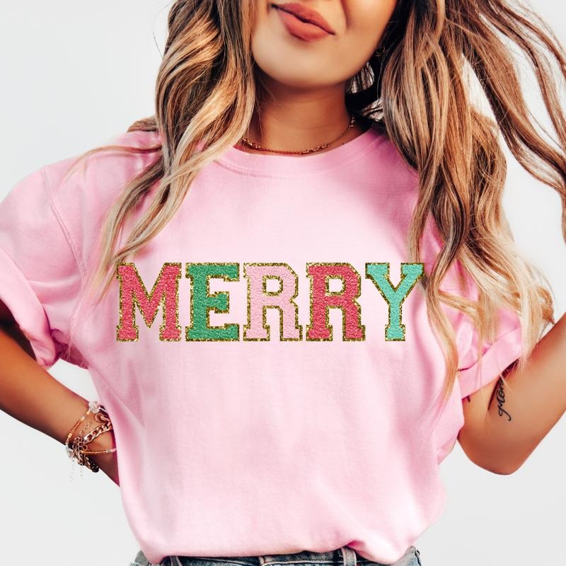 Colorful Merry Faux Sparkling christmas shirt Women's Oversized Christmas Shirt - Festive Printed Design - Cotton, Comfortable Casual Top